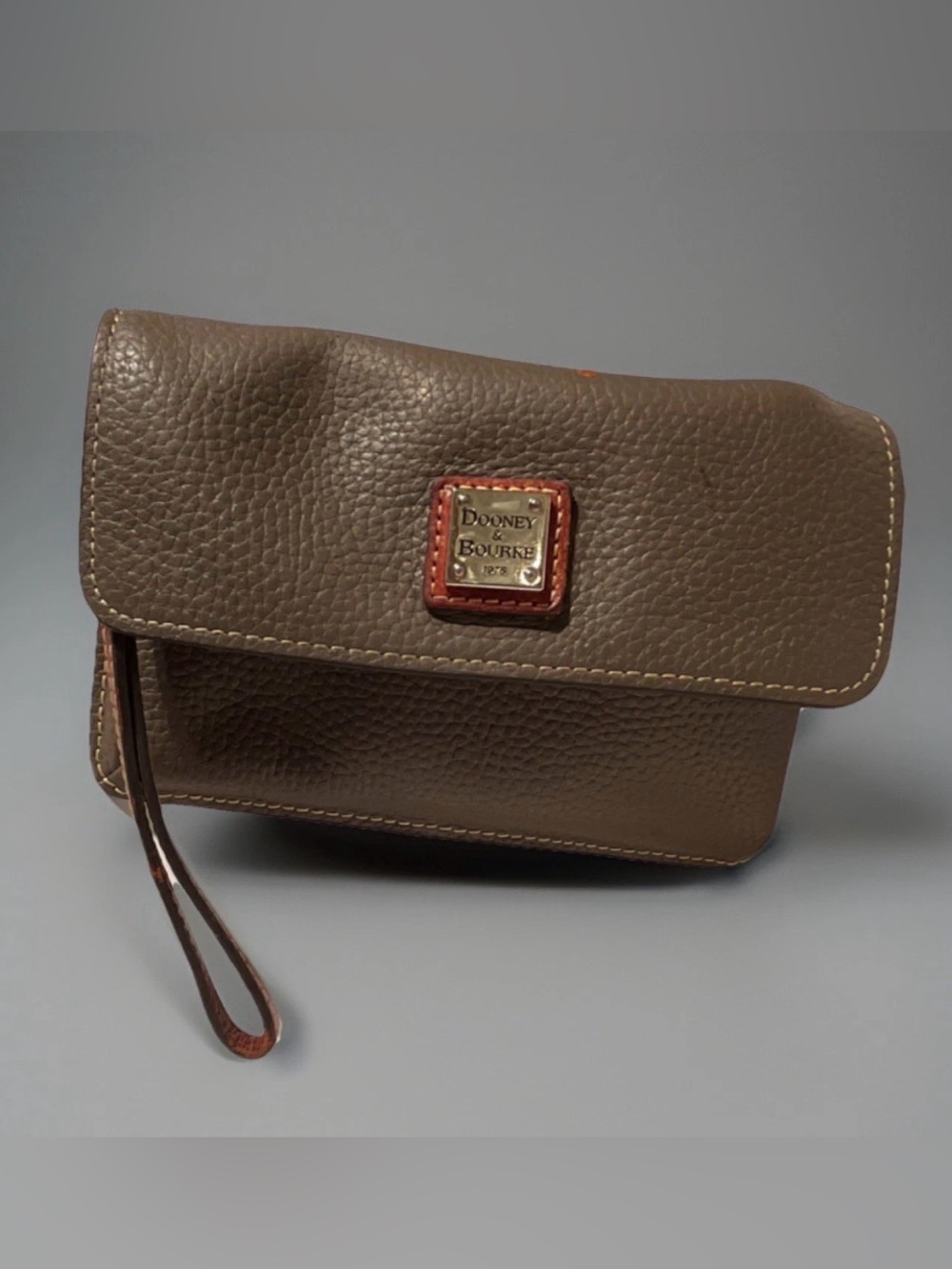 Dooney & Bourke Grey Pebbled Leather Wristlet with Tan wristband